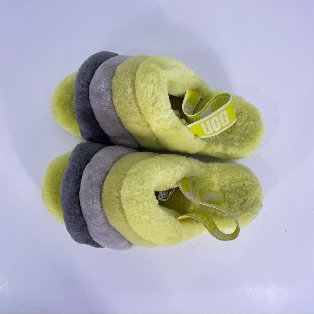 UGG Yellow & Grey Striped Fuzzy Open Toe Slippers‎ Size 7